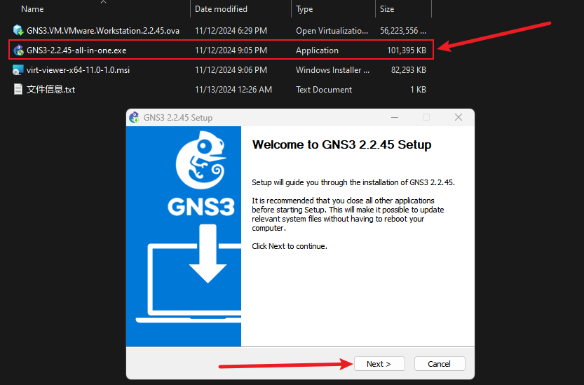 双击安装GNS3-2.2.45-all-in-one.exe